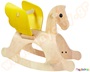Ξύλινη παιδική τραμπάλα αλογάκι, με φτερά στη σέλα του, υποπόδια και μια ρυθμιζόμενη υφασμάτινη πλάτη.