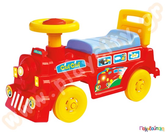 Παιδική περπατούρα σε σχήμα τρένου σε κόκκινο χρώμα. Διαθέτει πισινό χερούλι για όρθιες βόλτες και κόρνα.