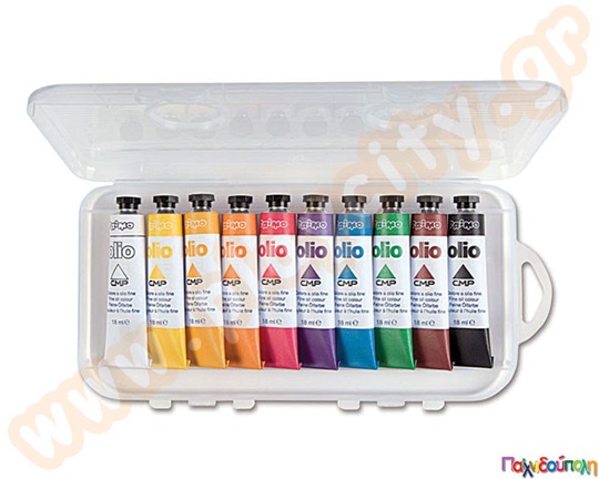 Χρώματα Λαδιού PRIMO σε 10 Λαμπερά Χρώματα σε σωληνάριο μέσα σε πλαστική κασετίνα.