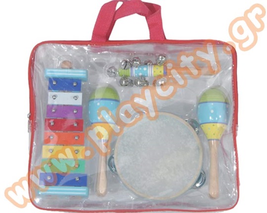Σετ με Παιδικά μουσικά όργανα σε πλαστική βαλίτσα που περιλαμβάνει ταμπουρίνο μεμβράνης-ντέφι, 2 μαράκες, κουδουνίστρα και μεταλλόφωνο.