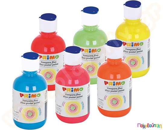 Τέμπερες fluo-φωσφοριζέ σε 6 διαφορετικά έντονα χρώματα υψηλής επικάλυψης σε μπουκάλι 300 ml!