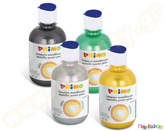Τέμπερα διαθέσιμη σε 7 μεταλλικά χρώματα, σε μπουκάλι των 300 ml, με στόμιο ελεγχόμενης ροής.