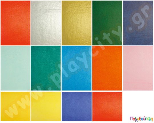 Συσκευασία με 8 φύλλα 50x70 εκατοστών, ίδιου χρώματος, λεπτών μεταξόχαρτων διαθέσιμο σε 15 διαφορετικά χρώματα.