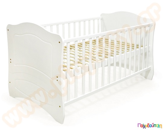 Ξύλινο κρεβατάκι μωρού, σε λευκό χρώμα, με σταθερά κάγκελα και ρυθμιζόμενη βάση στρώματος.