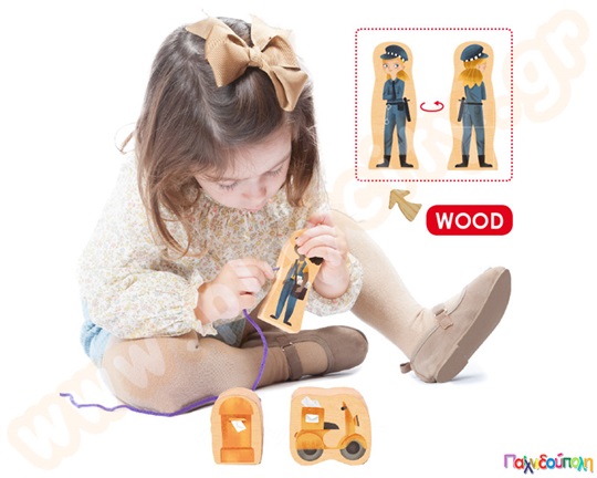 Σετ 24 ξύλινες φιγούρες με τρύπα για κορδόνια, όπου τα παιδιά μπορούν να συνδέσουν το κάθε επάγγελμα με τα αντίστοιχα στοιχεία του.