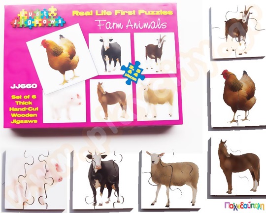 Σετ 6 ξύλινα παζλ με διάφορα ζώα φάρμας, ειδικά σχεδιασμένα για παιδιά προσχολικής ηλικίας.