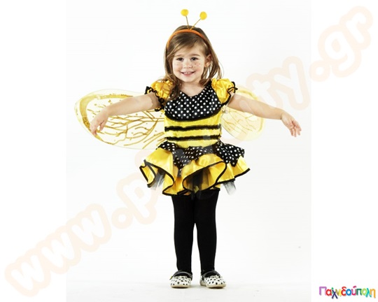 Αποκριάτικη παιδική στολή για κορίτσια, η Μελισσούλα, σε κιτρινόμαυρο χρώμα, διαθέσιμη σε διάφορα μεγέθη.