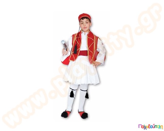 Παιδική εορταστική στολή, τσολιάς σε κόκκινο χρώμα, σε διάφορα νούμερα, κατάλληλη για όλα τα παιδιά.
