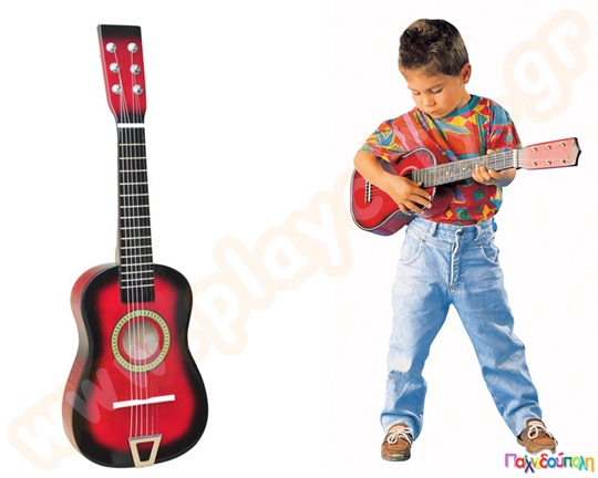 Παιδική κλασσική κιθάρα, εξάχορδη, με κόκκινο και μαύρο χρώμα, ιδανικό για  μουσική αγωγή σε Παιδικούς Σταθμούς και Νηπιαγωγεία.