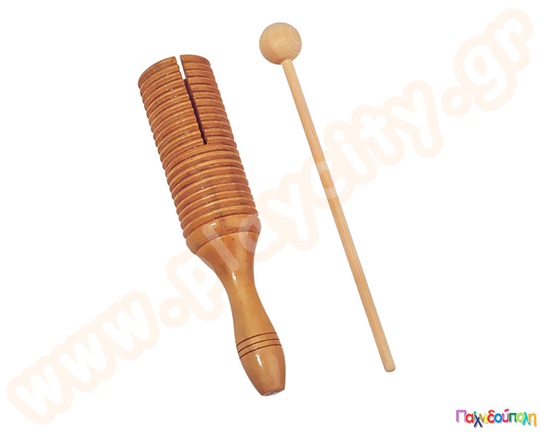 Κρουστό παιδικό μουσικό όργανο, ξύλινη μουσική ξύστρα ενός τόνου με μπαγκέτα, σε φυσικό χρώμα ξύλου.