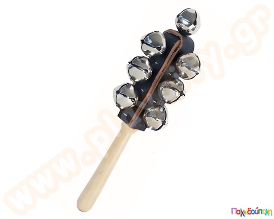 Παιδικό μουσικό όργανο, κουδουνίστρα από ξύλο και δέρμα με 13 κουδουνάκια και λαβή.