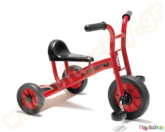 Μικρό τρίκυκλο ποδήλατο σε κόκκινο χρώμα. Είναι κατασκευασμένο έτσι ώστε να προσφέρει τη μέγιστη ασφάλεια στα παιδιά.