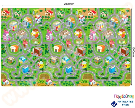 Χαλάκι για παιχνίδι σε μεγάλη διάσταση που απεικονίζει ένα χωριό με δρόμους, αγροκτήματα, μαγαζιά και δημόσιες υπηρεσίες.