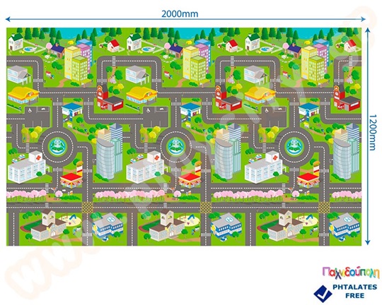 Χαλάκι για παιχνίδι σε μεγάλη διάσταση που απεικονίζει δρόμους που ενώνουν σταθμούς αστικών υπηρεσιών όπως νοσοκομείο, πυροσβεστική, αστυνομία κ.α