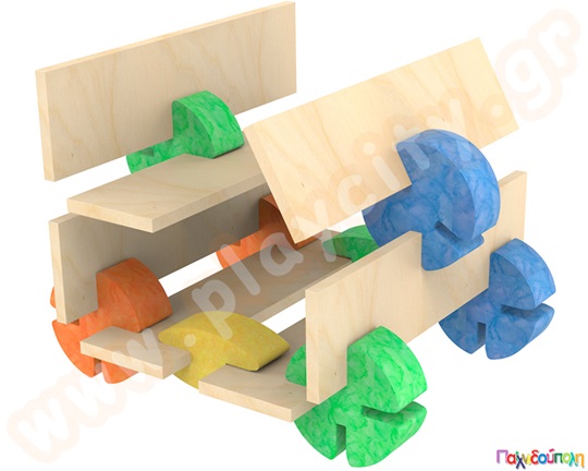 Παιχνίδι οικοδομικού υλικού σε σάκο αποθήκευσης που περιέχει 50 ξύλινες πλάκες και 50 πλαστικές ενώσεις.