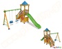 Ξύλινο, πολύχρωμο κέντρο παιδικής χαράς με δύο κούνιες ασφαλείας, πάνελ παιχνιδιού τρίλιζας, σκάλα και τσουλήθρα.