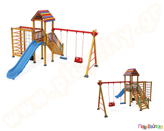 Ξύλινο, πολύχρωμο κέντρο παιδικής χαράς με δύο κούνιες ασφαλείας, μονόζυγο-αναρριχητή, σκάλα και τσουλήθρα.
