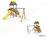 Ξύλινο, πολύχρωμο κέντρο παιδικής χαράς με δύο κούνιες ασφαλείας, ξύλινη βάση, σκάλα και τσουλήθρα σε κίτρινο χρώμα.
