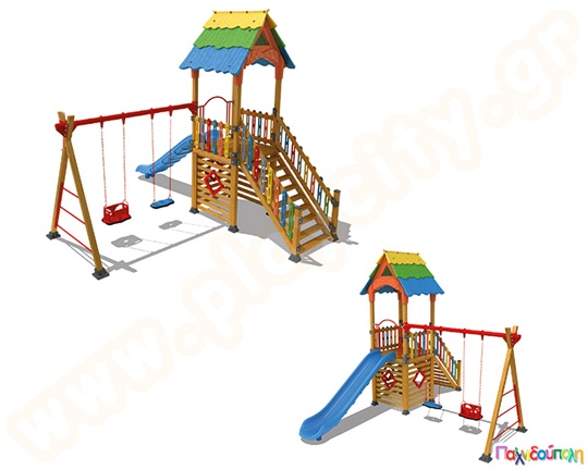Ξύλινο, πολύχρωμο κέντρο παιδικής χαράς με δύο κούνιες ασφαλείας, σκάλα και τσουλήθρα σε μπλε χρώμα.