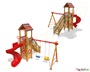 Ξύλινο κέντρο παιδικής χαράς με δύο κούνιες ασφαλείας, σκάλα και στριφογυριστή τσουλήθρα σε κόκκινο χρώμα.