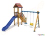 Ξύλινο κέντρο παιδικής χαράς με δύο κούνιες ασφαλείας, σκάλα και πλαστική τσουλήθρα σε κόκκινο χρώμα.