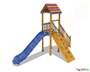Ξύλινο κέντρο παιδικής χαράς με πλατφόρμα αναρρίχησης, σκάλα και πλαστική μπλε τσουλήθρα.