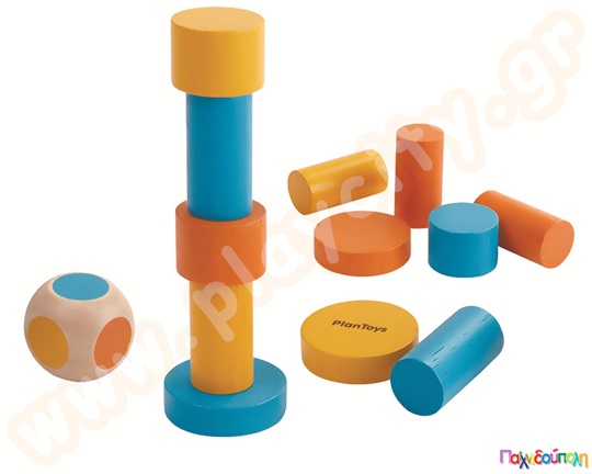 Πύργος ισορροπίας που αποτελείτε από 12 χρωματιστά σχήματα και ένα ζάρι, ιδανικό εκπαιδευτικό παιχνίδι για νηπιαγωγεία.