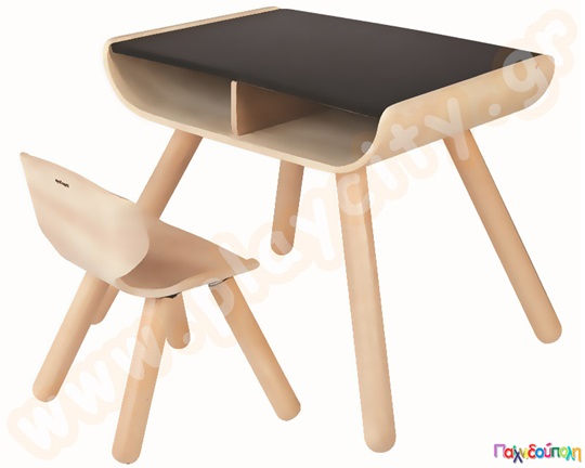 Σετ ξύλινο παιδικό τραπεζάκι με μαύρη επιφάνεια και καρέκλα σε φυσικό χρώμα από την Plan Toys.