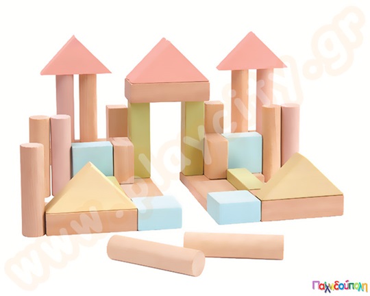 Τουβλάκια κατασκευών σετ 40 τεμαχίων σε διάφορα απαλά χρώματα και σχήματα, από την Plan Toys.