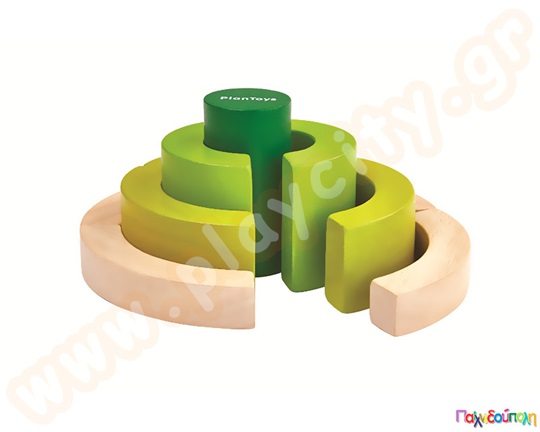 Κυκλικά ξύλινα τουβλάκια σε σετ 9 τεμαχίων, άχρωμα και σε αποχρώσεις του πράσινου, από την Plan Toys.