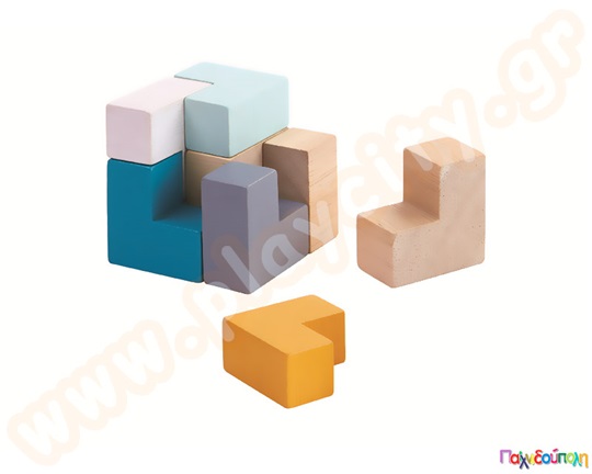 Ξύλινος κύβος παζλ  από την Plan Toys που αποτελείτε από 9 χρωματιστά κομμάτια.