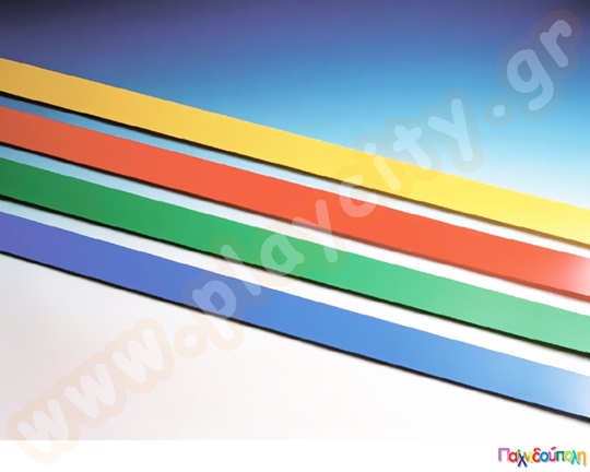 16 πολύχρωμες λωρίδες ψυχοκινητικής, από εύκαμπτο πλαστικό υλικό σε μπλε, πράσινο, κόκκινο και κίτρινο χρώμα.