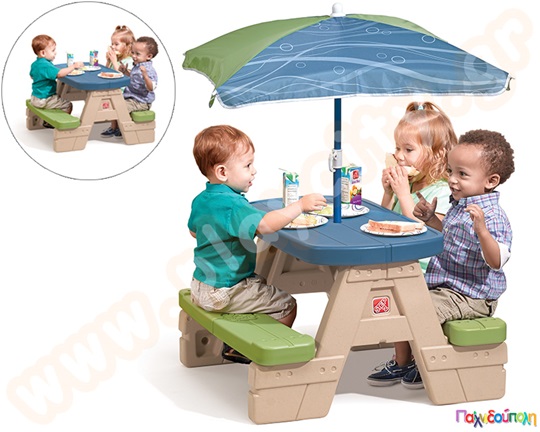 Παιδικό πλαστικό τραπέζι 4 θέσεων, τύπου πικνικ, με ομπρέλα από την Step2.