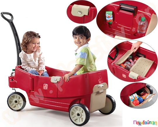 Διθέσιο βαγόνι Παιχνιδιού All Around της Step2, σε κόκκινο χρώμα με λαβή για τους ενήλικες και μεγάλο αποθηκευτικό χώρο.