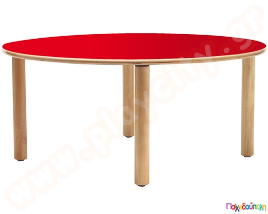 Ξύλινο παιδικό τραπέζι κυκλικό, σε κόκκινο χρώμα, πιστοποιημένο για χρήση σε χώρους με παιδιά.