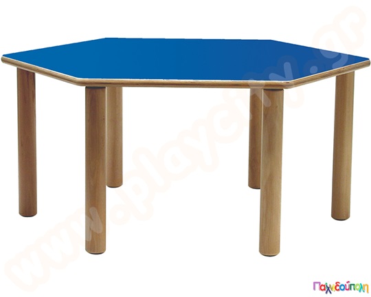 Ξύλινο παιδικό τραπέζι εξάγωνο, σε μπλε χρώμα, πιστοποιημένο για χρήση σε χώρους με παιδιά.