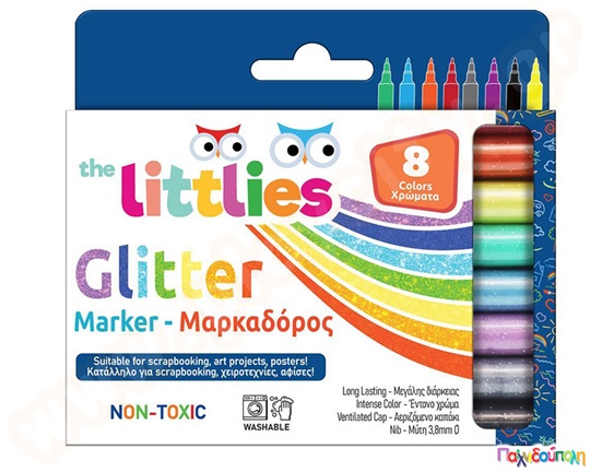 Μαρκαδόροι glitter The Littlies σε χάρτινη συσκευασία 8 τεμαχίων, απόλυτα ασφαλές για χρήση από παιδιά καθώς είναι μη τοξικοί.