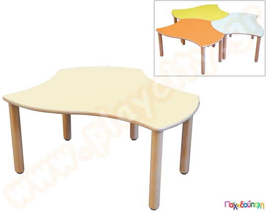 Ξύλινο παιδικό τραπέζι πέταλο, σε φυσικό χρώμα, πιστοποιημένο για χρήση σε χώρους με παιδιά.