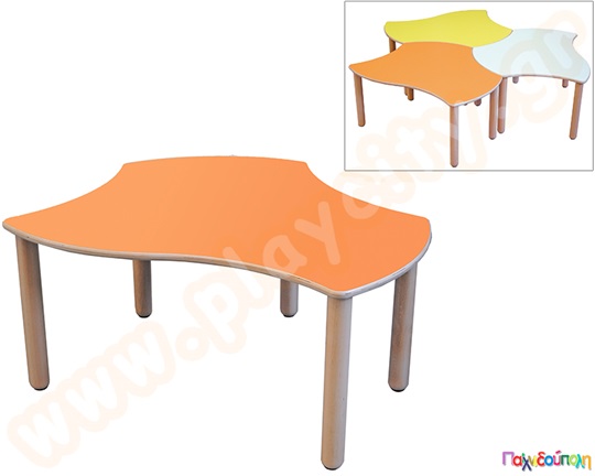 Ξύλινο παιδικό τραπέζι πέταλο, σε πορτοκαλί χρώμα, πιστοποιημένο για χρήση σε χώρους με παιδιά.