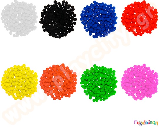 Pom-poms για χειροτεχνίες, περιέχει 200 τεμάχια με διάμετρο 10 χιλιοστά, σε 8 διαθέσιμες επιλογές χρώματος.