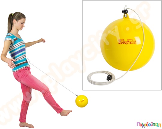 Μπάλα γυμναστικής sportball 20 εκατοστών, με θήκη για σχοινί, σε κίτρινο χρώμα.