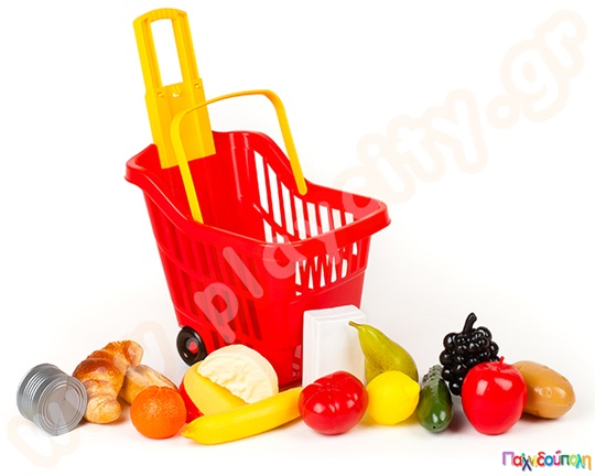 Παιδικό παιχνίδι, πλαστικό Τρόλεϊ super market σε κόκκινο χρώμα, με 15 τρόφιμα,  με δύο ροδάκια.