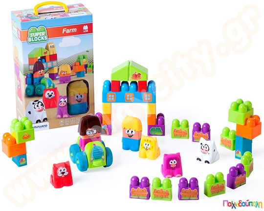 Πλαστικά τουβλάκια Φάρμα super blocks, σε διάφορα μεγέθη και χρώματα, από την Miniland.