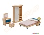 Ξύλινο σετ εξοπλισμού για κρεβατοκάμαρα κουκλόσπιτου με κρεβάτι, ντουλάπα, γωνία ομορφιάς και σκαμπό.