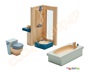 Ξύλινο σετ εξοπλισμού για μπάνιο κουκλόσπιτου με ντουζιέρα, μπανιέρα, νιπτήρα και λεκάνη από την plan toys.