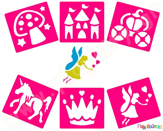 Στένσιλ σε σετ 6 τεμαχίων, με διάφορα σχέδια όπως νεράιδες, παλάτι και άμαξα, ιδανικά για κορίτσια.