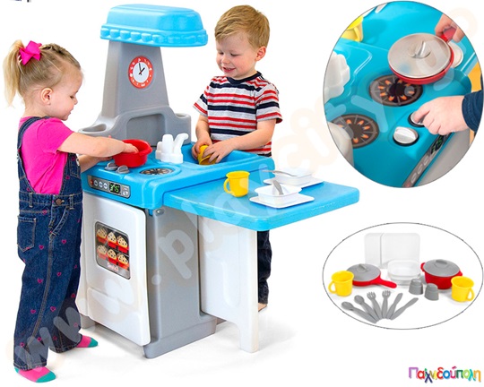 Παιδική κουζίνα - πάγκος εξυπηρέτησης της Simplay3, σε γαλάζιο με γκρι χρώμα με πολλές λειτουργίες και 18 μαγειρικά σκεύη.