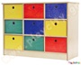 Ξύλινη συρταρίερα με 9 ράφια σε διάφορα χρώματα, ιδανικός εξοπλισμός για νηπιαγωγεία και παιδικούς σταθμούς.