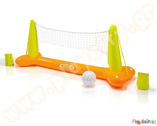 Σετ φουσκωτό volley με δίχτυ, μπάλα και βάσεις για προσθήκη βάρους, σε πορτοκαλί και λαχανί χρώμα.