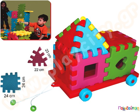 Παιδικό παιχνίδι, κατασκευές με σχήματα-αυτοκινητάκι, σετ 24 τεμαχίων σε 4 διαφορετικά χρώματα γαλάζιο, πράσινο, ροζ και κόκκινο.